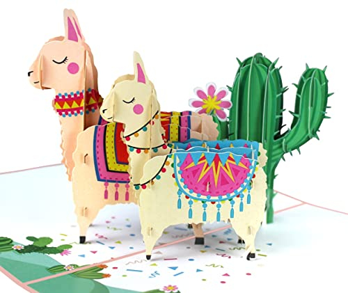MOKIO® Biglietto Auguri Pop-Up – Lama con Cactus – Biglietto regalo 3D per un compleanno, come buono o per regali in denaro, Biglietto pieghevole con busta