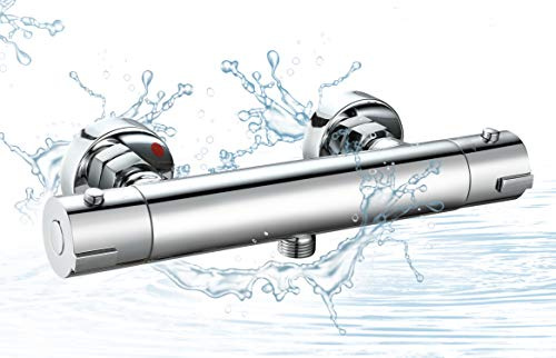 Elbe® RNDA-T01 duschtermostat i mässing, termostatblandare med säkerhetsknapp vid 38°C, förkromad termostatisk duschblandare Duschtermostat