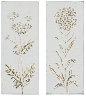 Deco 79 Metal Floral Home Wall Decor Relief Wall Sculpture with Gold Detailing, Set of 2 Wall Art 10W, 23H, White