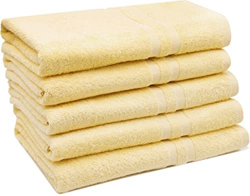 ZOLLNER 5er Set Duschtücher in 70x140 cm - Flauschige Badehandtücher aus Baumwolle - mit moderner Streifenbordüre - bis 60°C waschbar - mit praktischem Aufhänger - in gelb - Hotelqualität