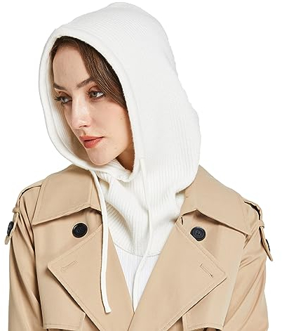 Facecozy Mütze Damen Winter, Strickmützen Warme Kapuzen Schal für Frauen Sturmhauben Beanie Wintermützen (Weiß)