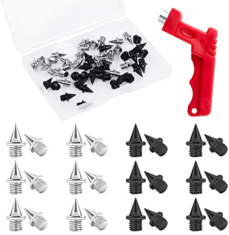 50pcs Pointes de Piste 6mm avec Clé à Pointes Acier Pointe Athlétisme Cross Country Pyramidales Track Spikes Remplacement pour Chaussures de Piste Saut en Longueur Course Randonnée (Or, Argent)
