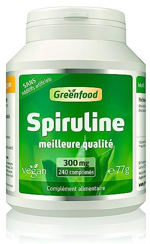 Greenfood Spiruline, 300 mg, pure, dose élevée, 240 comprimés, vegan. Source naturelle et riche en nutriments. Sans additifs artificiels. Sans OGM. Sans gluten. Sans lactose.