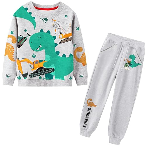FILOWA Conjuntos Chándales Niños Conjuntos Deportivos Trajes Tops y Pantalones Ajustable Cinturón Sudaderas Dinosaurio Excavadora Grúa Gris Otoño Invierno Algodón Disfraces Ropa 6-7 años,7T