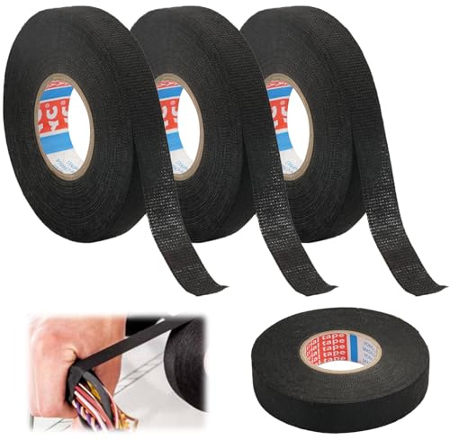 EXIN DEHCEN 4 stycken tygtejp, 2 storlekar bilkabelnät kabel tejp, isoleringstejp, elektrikerband, biltygband svart, lindningstejp för bil, elektrisk kabel, svart (15 mm x 20 m/19 mm x 20 m)