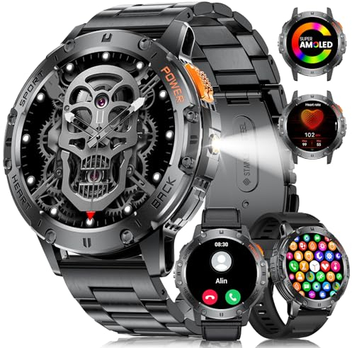 LIGE Smartwatch Herren mit LED-Taschenlampe,530mah/1.43 Zoll AMOLED Touchscreen Armbanduhr mit 120+ Sportmodi Aktivitätstracker,Herzfrequenz/Blutdruck/Schlafmonitor 5ATM Wasserdicht 3 bänder