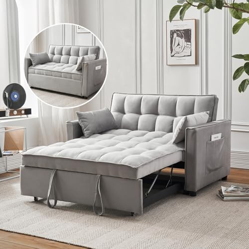 FENFSHE 3-in-1 Loveseat Sleeper Sofa, Modern 55.5 Pull Out Couch, Velvet Upholstered Futon Sofa Bed with Adjustable Backrest, Convertible Sofa Bed with Storage Pockets for Living Room(Light Grey)
