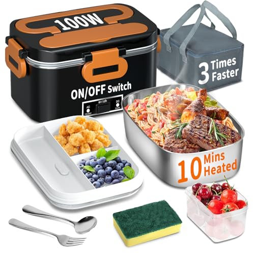 SOOOEC Electric Heated Lunch Box 100W - 3-in-1 1.8L Super Fast Portable Lunch Boxes Food Heater for Adults,12V/24V/110-220V Heating Lunch Box for Car Truck Office Home (Orange&Black)