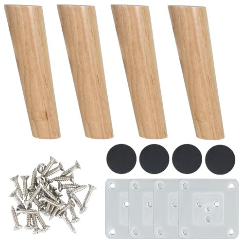 Luabue 4pcs Pieds de Meuble 20 cm en Bois Pieds de Canapé Bois Avec Plaque de Montage Vis et Tapis antidérapant Pieds de Meuble Bois Incliné pour Lit Armoire Tables et Chaises