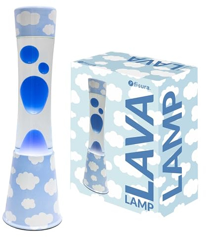 Fisura - Lámpara de lava nubes. Base con estampado de nubes, líquido transparente y lava azul. Lámpara efecto relajante. Con bombilla de repuesto. 11 cm x 11cm x 39,5 cm.