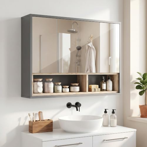 HOMCOM Väggskåp, badrumsskåp med spegel för upphängning, badrumsspegel med förvaring, skåp med 3 dörrar och 8 fack, mått: 80 L x 20 B x 60 H cm, grå