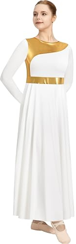 DANSHOW Robe de danse de louange pour femme Coupe métallique pleine longueur Costume de culte liturgique à manches longues, blanc, L