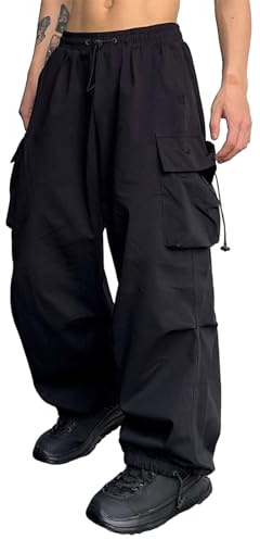 Generico Pantaloni Cargo Uomo a Gamba Larga Baggy Y2K Hip Hop Uomo Streetwear Vita con Cordino Regolabile 4 Tasche Tessuto Traspirante e Asciugatura Rapida