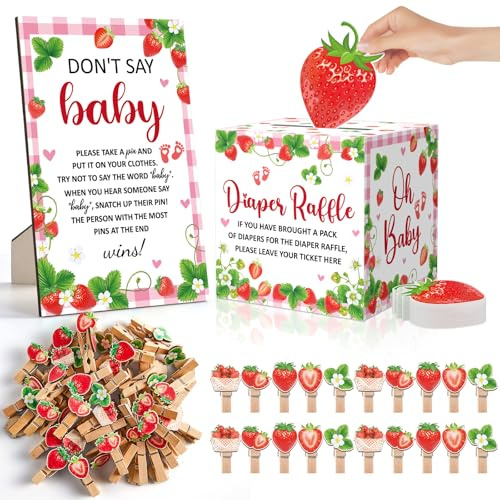 102 Pcs Pink Strawberry Baby Shower Game Supplies Diaper Raffle Tickets with Box Don't Say Baby Sign Mini Clothespin Berry Sweet Diaper Raffle Card Box for Girl Boy Gender Reveal Party Decorations