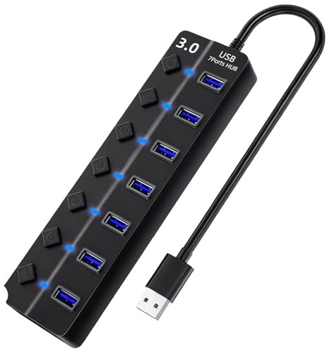 Hub USB 3.0 de 7 Puertos con Interruptores Independientes, Adaptador Multipuerto USB con Led Indicador,Transferencia Rápida de Datos para PC Macbook y Dispositivos