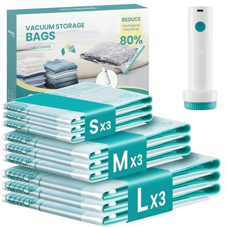 SONGMICS Sacchetti Sottovuoto con Pompa Elettrica Ricaricabile e Portatile, Sacchi Buste per Vestiti Lenzuola Armadi Viaggi, Compatti e Riutilizzabili, 9 Pezzi, 3S/3M/3L, Trasparente LVB201W101