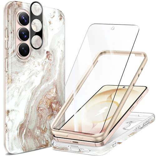GVIEWIN Kompatibel med Samsung Galaxy S26 fodral 6,3 tum 2026, kompatibel med MagSafe, med skärm + kameraskydd, marmor stötsäker stötfångare anti-repor skyddande magnetiskt fodral, pärlemorskimrande