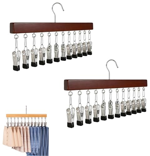 Organizador de Armario con 12 Clips, Perchas para Pantalones giratorias de 360°, Estante Organizador para Bufandas y Sombreros Que Ahorra Espacio, Metal Antideslizante, para p Natural Wood Color 4pcs