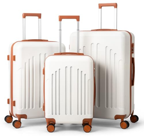 LEADZM Valigie Set 3 Pezzi, Set Valigie Rigide in ABS, Luggage Suitcase Grande 23 kg con 4 Ruote Girevoli Doppie (Beige-Marrone)