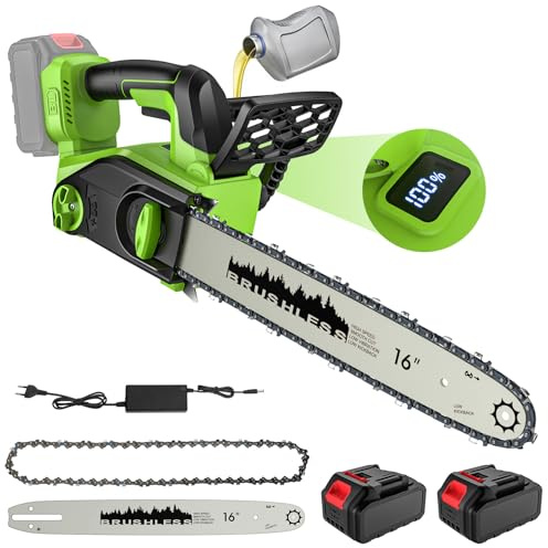 Motosega a Batteria 16 Pollici, Motosega Elettrica 2200W con 2 x 4.0Ah, Motore Brushless, Sistema di Doppia Protezione, Lubrificazione Automatica, Sistema di Autolubrificazione, Display LED (A)