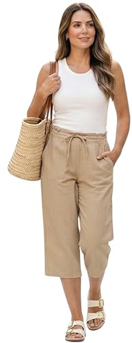 Womens Linen 3/4 Trousers Ladies Cropped Capri Pants Elastic Waist Drawstring Summer Casual Lightweight Holiday Beach Trousers Pockets UK 10–20