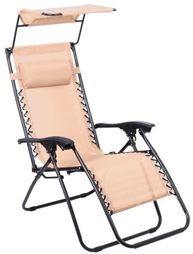 Todeco Transat de Jardin Pliable avec Pare-Soleil, Chaise Longue Inclinable Multiposition, Bain de Soleil Relax en Textilène Respirant avec Repose-Tête et Accoudoirs, pour Plage, Camping, Kaki