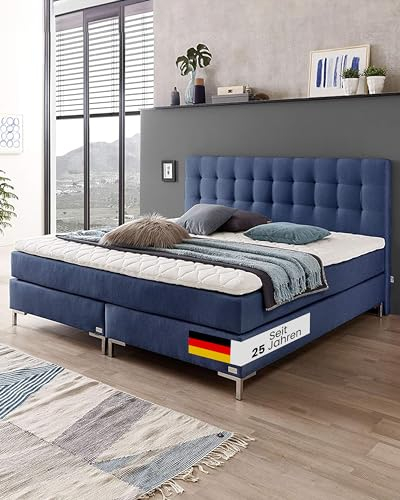 WELCON boxspringbettenshop24.de - Rockstar Boxspring Bett Boxspringbett 180x200cm Härtegrad H3 in blau inkl. Topper - durchgehende Matratze mit über 1000 Federn - Boxen aus Massivholz Schichten