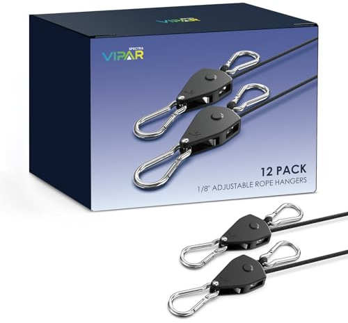 VIPARSPECTRA Retractable Heavy Duty Ratchet Tie Down Straps [12 Pack, 8ft, 75lbs/Pack], Rope Pulley System with Carabiner Hook Rope Adjuster for Hanging Plants/Grow Light/Tents Various Tie-Down Uses