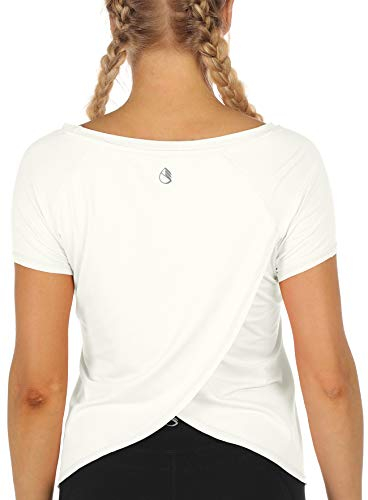 icyzone Damen Sport T-Shirt Kurzarm Yoga Top Schnell Trocken Elastisch Fitness Gym Oberteile (S, Off White)