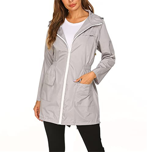 SotRong Lätt regnrock för kvinnor, stuvbar, vindtät, aktiv, utomhusjacka, vattentät, regnsäker, lång, med huva, trenchcoat, poncho för promenader, camping, GRÅ, XXL