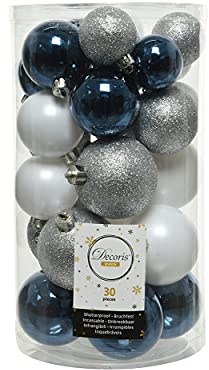 Decoris Weihnachtskugeln Kunststoff 4cm - 6cm Mix 30 Stück mit Glitzer - Blau/Silber/Weiß