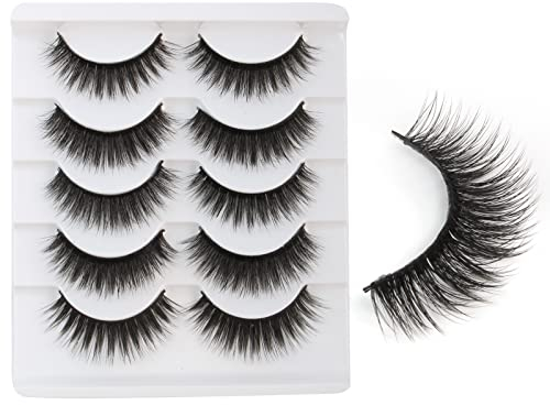 Faux Cils Naturel, Court 6D Réutilisable 5 Paires Fait à La Main Professionnel Volume Fake Lashes Léger Doux Bandes Ultra Minces Imperméable Maquillage Dramatic False Eyelashes Kit Bien Courbés
