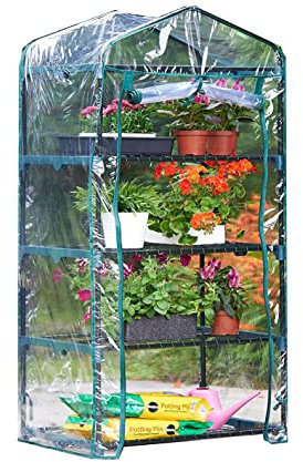 4 Tier Mini Greenhouse, Small Portable Compact Garden Grow House Plant Greenhouses , Basic Green House with Weatherproof PVC Plastic Cover Indoor outdoor