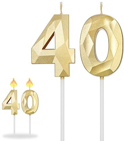 KroY PecoeD Bougies Chiffres 40 Dorées 3D, 40e Anniversaire Bougies en Forme de Diamant pour Décoration de Gâteau Fournitures pour Cérémonies de Mariage & Anniversaire, Or