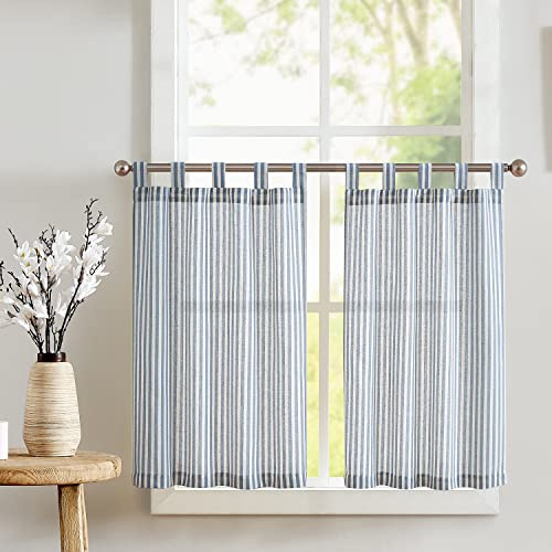 TOPICK Randiga fönstergardiner med öglor, linnegardiner med ränder, korta köksgardiner, ogenomskinliga, för kök, matsal och badrum, för litet fönster, 65 x 90 cm (B x H), blå på beige