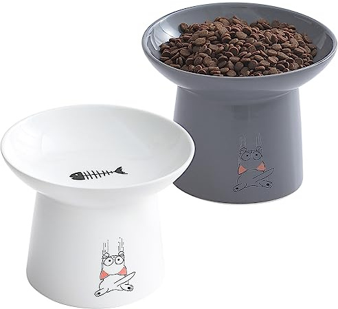 TAMAYKIM 6.5 Inch Extra Wide Raised Ceramic Cat Bowls, Food & Water Bowls for Elder Big Cats and Small Dogs, Elevated Sturdy Base Pet Feeder Dish, Stress Free, Protect Cat's Spine, White & Grey