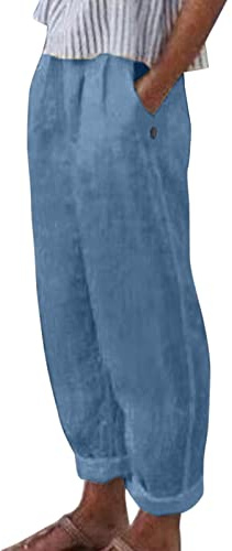 Pantalon Lin Femme Baggy Taille Élastique Long Pants en Coton D'été Décontracté Couleur Unie Chic Pants Large Chic Blanc Plage Sport Jogging Yoga 2026