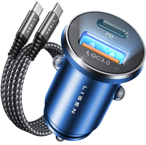 LISEN 54 W Caricabatteria da auto USB C con cavo da 60 W PD&QC3.0 Caricabatteria da auto blu