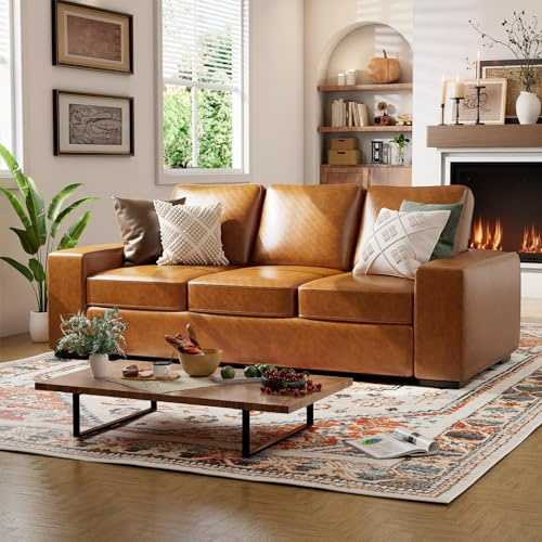ELUCHANG 85 Luxury 3 Seater Sofa Couch for Living Room, Modern Upholstered Faux Leather Sofas Couches with Extra Deep Seats&Removable Cover, Comfy Sofa Couch for Small Space Apartment Lounge, Brown