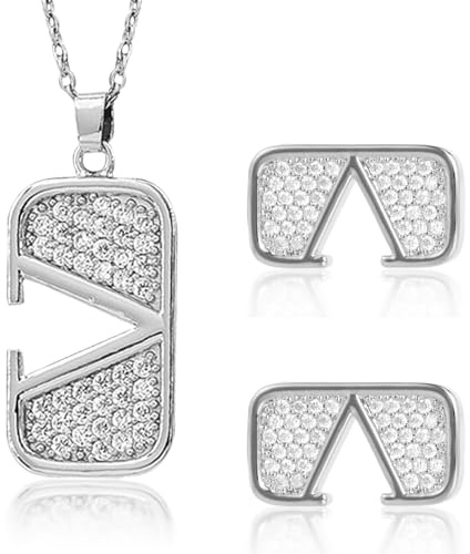 Bcenoilua Schmuckset für Damen Halskette Ohrringe Set Buchstabe V Hypoallergen Quadrate Ohrstecker Edelstahl Strasssteinen Ohrringe Anhänger Halskette für Damen Schmuck Geburtstagsgeschenk