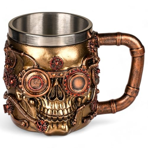 MIJOMA Boccale da birra con teschio 3D Steampunk – Elegante tazza con manico in pietra artificiale con inserto in acciaio inox, 400 ml (Victor)