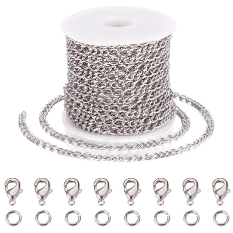 PandaHall - Catene a maglia barbazzale in acciaio inossidabile, 5 m, saldate, con chiusura a moschettone, anelli aperti per la creazione di bracciali, collane e gioielli