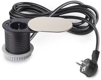 Emuca - Multistecker mit Gleiter Vertikal, Durchmesser 60mm, 1 Schukostecker, 1 USB Typ A, 1 USB Typ C, Stahl und Kunststoff, Edelstahl