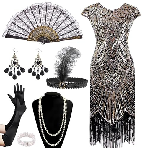 Abito Charleston da donna con anni '20, abito anni '20, paillettes e frange, abito vintage Flapper, con set di accessori, costumi anni '20, da donna, per carnevale, cocktail (B, XXL)