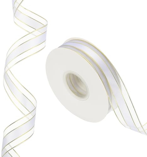 PATIKIL 50 Iarde x 1 Nastro a Righe, Nastro per Caramelle Oro e Bianco Rotolo Nastro Metallico per Confezioni Regalo per Natale Artigianato Ghirlanda Compleanno Matrimonio Festival