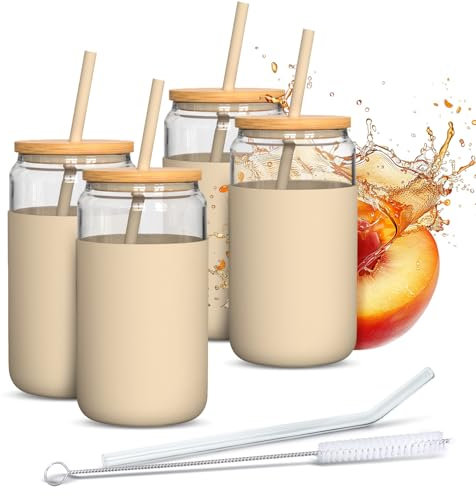 Aquafloow Verre à Boire 4 Pièces 500 ml avec Housse en Silicone et Couvercle en Bambou – 2 Pailles incluses (Silicone & Verre), Résistant aux Températures de -20°C à 150°C