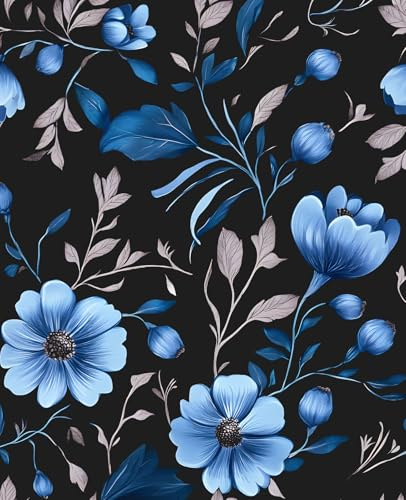 VOLEAAR Blue Floral Peel and Stick Wallpaper, Moody Dark Flower Theme Contact Paper Stick on Bedroom Living Room Kitchen, Vintage Self Adhesive Removable Wall Paper Dark Black Blue 17.5In x 118In
