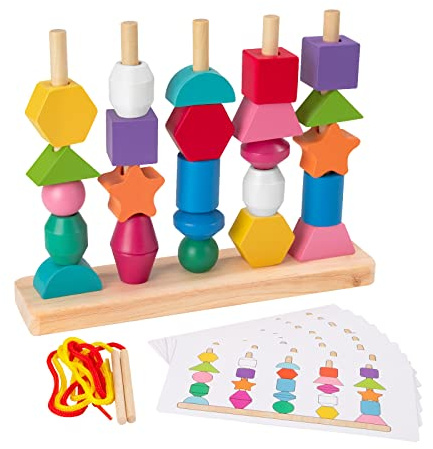 Jesustree Montessori Juguetes de Madera, 2 en 1 Juegos Apilables Apilar y Enhebrar, Educativos GeoméTricas Colores Formas Clasificar Bloques, Regalo para Bebés Niños 3 4 Años