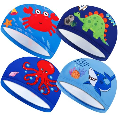EXTRAPINS 4 Stück Badekappe Kinder, Kinder Badekappen für Jungen Mädchen 3-14 Jahre, Badekappe Stoff,Schwimmkappe Kind,Elastischer Polyester Badehaube Schwimmhaube