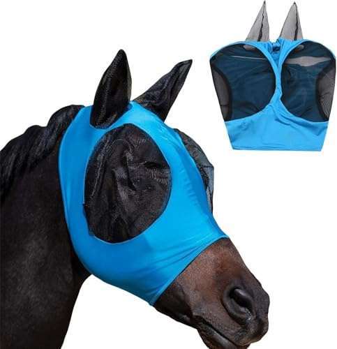 GIUSOBG Mascara Moscas Caballo Código M Azul para Caballos Elástica | Mascara Antimoscas Caballo Protección Protectora con Espacio Grande para Los Ojos Malla Transpirable Protección Uv y Moscas